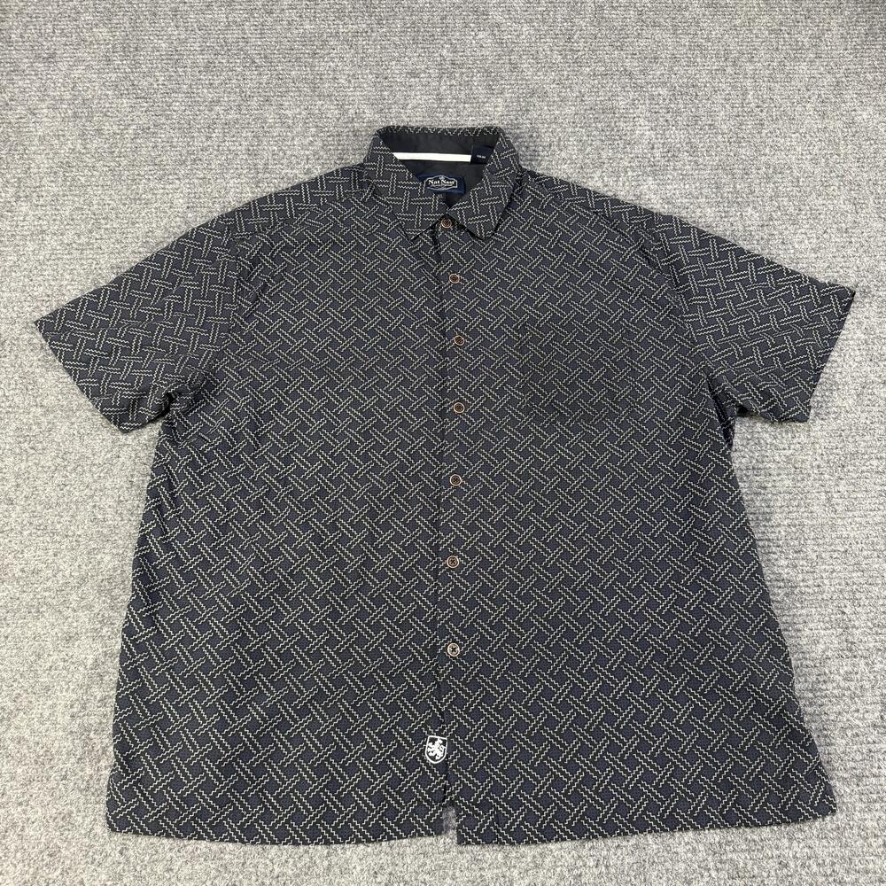 Nat Nast Shirt Mens XL Blue Silk Short Sleeve Geometric Button Front Casual